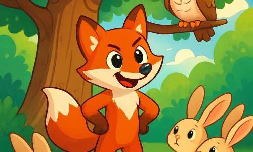 Roux, un renard aux yeux pétillants et au pelage flamboyant, se tient courageusement devant un grand chêne, affichant une expression déterminée. Il parle aux autres animaux de la forêt pour les encourager à se rassembler. À ses côtés, un groupe de lapins aux oreilles longues écoute Roux avec intérêt, tandis qu'un hibou sage, perché sur une branche, observe la scène. La forêt des murmures est dense et verdoyante, baignée de lumière. Roux inspire les animaux à surmonter leur peur du Grand Méchant Loup, leur montrant que l'unité et le courage peuvent les protéger.