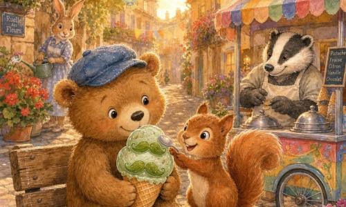 Petit ours caramel casquette bleue, yeux doux, tenant une grosse glace pistache aux moustaches vertes, assis sur un banc partagé avec un écureuil roux joyeux posant une patte sur la cuillère, un vieux blaireau marchand de glaces derrière sa charrette comptant la monnaie, Madame Lapin à l'arrière-plan arrosant des géraniums, ruelle fleurie d'été aux pavés chauds, fanions et lampions sous une lumière dorée de coucher de soleil, rendu aquarelle avec détails nets au stylo gel blanc.