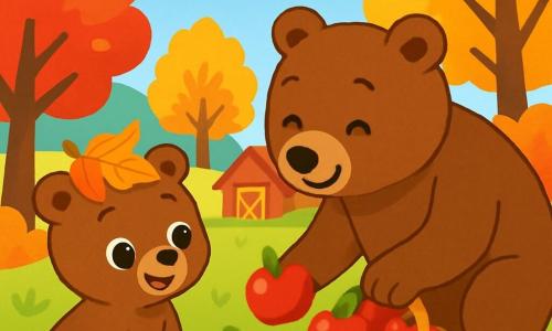 Petit Ours, un ourson brun aux grands yeux brillants, est assis sur l'herbe, émerveillé par une citrouille orange à ses côtés, portant un chapeau en feuilles d'automne. À proximité, Papa Ours, un grand ours brun affectueux, ramasse des pommes rouges, souriant avec fierté. La scène se déroule dans une ferme pittoresque entourée d'arbres aux feuilles colorées, sous un ciel bleu clair. Petit Ours et Papa Ours profitent d'une belle journée d'automne, ramassant des fruits et admirant la nature.
