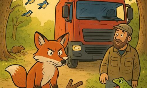 Un renard roux au pelage brillant et aux moustaches épaisses, déterminé, bloque un camion en posant ses pattes avant sur des branches en croix ; la grenouille Lila, petite et verte tachetée d'émeraude, chante fièrement depuis une pierre au bord d'une mare ; un chef de chantier d'environ 40 ans, barbe tressée et veste de travail poussiéreuse, arrêté près du camion, la main sur un chêne, regarde, surpris et ému ; en arrière-plan, mésanges en trio, castors sculptant sur la rive et lucioles scintillantes dans une forêt de chênes et de saules aux racines noueuses, tapis de mousse et clairière de feuilles dorées au coucher du soleil, ambiance de confrontation pacifique et d'émerveillement.