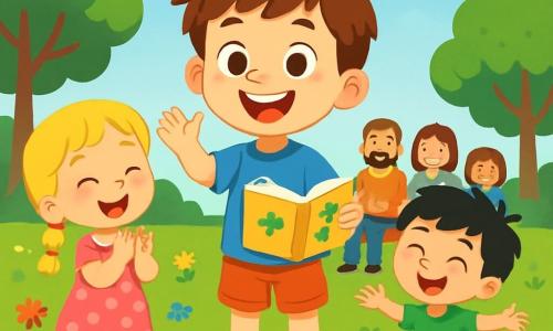 Un garçon de 6 ans, Léo, avec des cheveux bruns en bataille et un t-shirt bleu à motif de dinosaure, sourit largement sur une petite scène en bois, tenant un livre d'histoires. À ses côtés, Emma, une fille de 6 ans aux cheveux blonds tressés et en robe rose à pois, applaudit avec fierté. Lucas, un garçon de 6 ans aux cheveux noirs et en t-shirt vert, danse joyeusement. Le décor est un parc ensoleillé avec des arbres, des fleurs colorées et un ciel bleu clair. Des parents et des enfants applaudissent. Léo, nerveux mais déterminé, raconte une histoire captivante à ses amis et au public, créant une ambiance joyeuse et encourageante.