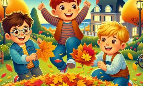 Trois garçons sont au centre de l'image : Lucas, 8 ans, avec des cheveux bruns et des lunettes, sourit en tenant une grande feuille dorée. À sa droite, Timéo, 7 ans, aux cheveux blonds, saute dans un tas de feuilles colorées. À gauche, Noah, 5 ans, avec des cheveux châtains, ramasse des feuilles à côté d'un petit fauteuil à roulettes. Le jardin d'automne est rempli d'arbres aux feuilles dorées, oranges et rouges, sous un ciel bleu clair, et le sol est couvert de feuilles. Au fond, une maison chaleureuse avec des fenêtres illuminées. Les garçons s'amusent ensemble, riant et jouant autour d'un tas de feuilles, célébrant la beauté de l'automne.