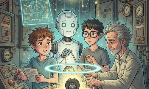 Un garçon de 12 ans aux cheveux bruns ébouriffés, visage illuminé de bleu, tient un carnet et appuie sur une console rustique; à sa droite Léo, ~13 ans, cheveux noirs courts et lunettes, concentré, manipule un câble lumineux près du réacteur; derrière eux Tiko, robot humanoïde blanc aux yeux LED verts, projette un hologramme de schéma énergétique; le professeur Luminor, homme âgé aux cheveux gris et blouse usée, ajuste une jauge au centre du réacteur; la scène se déroule dans une vieille salle industrielle aux murs métalliques rouillés, éclairée par la lueur turquoise et or d’un réacteur cylindrique alors qu’ils stabilisent ensemble l’appareil, mains sur des leviers, ambiance tendue mais pleine d’espoir.