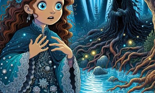 Lila, une fille de 12 ans, se tient au bord d'une rivière mystérieuse, ses yeux mêlant émerveillement et peur. Ses cheveux châtains bouclés tombent sur ses épaules, et elle porte une robe bleue ornée de fleurs argentées. Ses mains tremblent légèrement en touchant l'eau glacée, son visage reflétant curiosité et appréhension. Près d'elle, une créature sombre, assise sur un trône de racines et d'os, l'observe avec des yeux brillants et un sourire énigmatique. La scène se déroule dans une forêt dense, où la lumière de la lune filtre à travers les arbres tordus, projetant des ombres sur le sol humide. Lila, hésitante, est prête à affronter ses peurs, tandis que la créature mystérieuse l'observe, créant une atmosphère de magie sombre et de mystère.