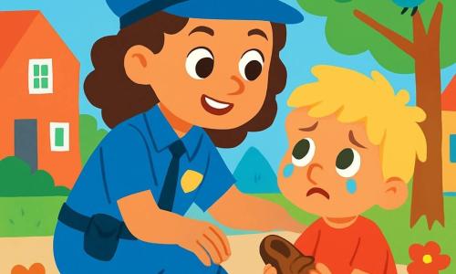 Une policière souriante, Lola, aux cheveux bruns et bouclés, porte un uniforme bleu vif et un chapeau. Elle s’accroupit avec bienveillance pour réconforter un petit garçon de 5 ans qui pleure. Le garçon, aux cheveux blonds en bataille et portant un t-shirt rouge, tient une chaussure et regarde Lola avec espoir. La scène se déroule dans une rue ensoleillée, bordée d'arbres verts et de maisons colorées, avec des fleurs aux couleurs vives le long du trottoir. Lola promet d’aider le petit garçon à retrouver son doudou perdu, tandis que des oiseaux chantent dans les arbres.