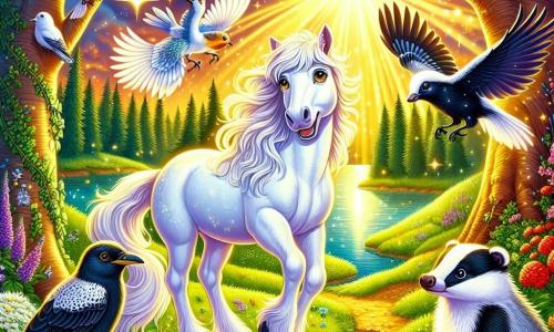 Un cheval blanc nommé Orion se tient au centre d'une clairière, ses yeux dorés brillants d'excitation. Sa crinière flotte dans le vent. À ses côtés, une pie nommée Lila virevolte joyeusement. Un blaireau sage, Barnabé, observe la scène près d'un arbre. La clairière est baignée de lumière dorée, entourée d'arbres majestueux et de fleurs colorées. Au fond, une rivière scintille. Orion et ses amis découvrent la magie d'une brume dorée qui transforme la clairière en un lieu féerique.