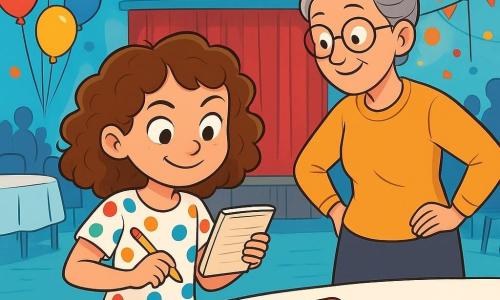 Clara, une fille de 8 ans aux cheveux châtains bouclés et aux yeux curieux, se tient au centre de la salle des fêtes, un carnet à la main et un sourire malicieux. Elle porte un t-shirt à pois colorés et une jupe en jean, prête à résoudre le mystère des lunettes disparues. À côté d'elle, Mme Dupont, une femme d'une cinquantaine d'années avec des cheveux gris en chignon et des lunettes rondes, l'observe avec admiration, les mains sur les hanches, entourée de décorations colorées. La salle est spacieuse, avec des murs bleu clair, des tables nappées de blanc, et un grand rideau rouge. Des ballons flottent au plafond et des guirlandes scintillantes ajoutent une ambiance festive. Clara examine attentivement les lunettes sur la table, entourée de miettes de gâteau, réfléchissant à la résolution du mystère. L'atmosphère est pleine de suspense et d'excitation, avec des rires et des murmures d'invités en arrière-plan.