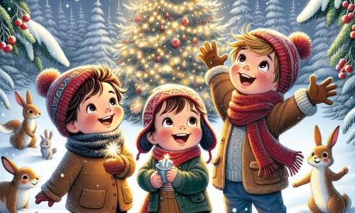 Dans une forêt enneigée, trois amis, Lucas, Max et Léo, s'amusent ensemble. Lucas, quatre ans, sourit les bras levés, Max, aussi quatre ans, admire une lumière scintillante sous son bonnet rouge, et Léo, avec des cheveux blonds, rit en sautillant dans la neige avec une cloche en argent. Ils sont entourés d'un sapin décoré et d'animaux de la forêt qui dansent autour d'eux, créant une ambiance festive. Les enfants célèbrent la magie de Noël, riant et chantant sous les étoiles.