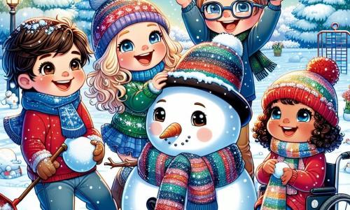 Dans une cour d'école enneigée, quatre enfants sont réunis. Léo, 8 ans, sourit en tenant une boule de neige. À sa gauche, Clara, 7 ans, rit en levant les bras, prête à lancer une boule. À droite, Samir, 8 ans, avec un large sourire et des lunettes, tient un bonnet rouge. Enfin, Jade, 9 ans en fauteuil roulant, sourit joyeusement en tenant une petite pelle à neige. Le décor est une cour remplie de neige fraîche, avec des arbres chargés de flocons et un bonhomme de neige en arrière-plan. Les enfants construisent un bonhomme de neige ensemble, créant des souvenirs d'amitié et de joie pendant cette journée d'hiver.