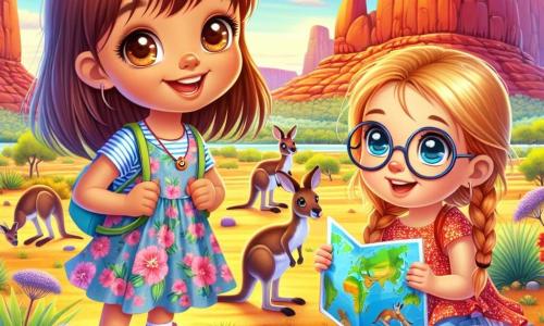 Au premier plan, Lilou, une petite fille de six ans avec des cheveux bruns et des yeux pétillants, porte une robe colorée à fleurs et est émerveillée par le paysage. À sa droite, Zoé, avec des cheveux blonds et des lunettes rondes, tient une carte du monde. À gauche, Mia, avec des cheveux châtains et une tresse, ramasse un caillou coloré en souriant. Le décor est l'Outback australien, avec un ciel bleu, des rochers rouges, des kangourous et des plantes colorées. Les trois amies découvrent les merveilles de la nature, prêtes pour une aventure inoubliable.