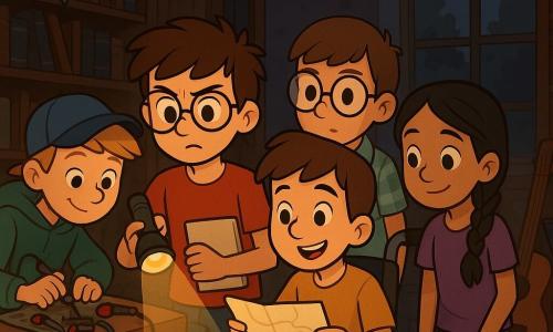 Cinq personnages se trouvent dans l'ancienne bibliothèque de l'école : Lucas, un garçon de 12 ans avec des cheveux bruns en bataille et des lunettes rondes, tient un carnet et une lampe de poche ; Max, avec des cheveux blonds et une casquette bleue, bricole un gadget ; Tom, avec des cheveux châtains et des lunettes, examine une loupe ; Sam, souriant dans son fauteuil roulant décoré, regarde un plan de l'école ; et Léa, avec des cheveux longs et noirs en tresse, tient une note mystérieuse. Ils découvrent un secret en étudiant une note sur une table, tandis que des ombres dansent sur les murs, créant une atmosphère excitante.