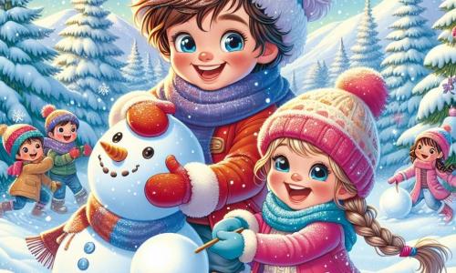 Lucas, un petit garçon de 5 ans aux cheveux bruns en bataille et aux joues roses, construit un bonhomme de neige. Il porte un manteau rouge, un bonnet bleu et des gants jaunes, affichant un large sourire. À ses côtés, Emma, une fille de 6 ans avec de longs cheveux blonds tressés et un manteau rose, l’aide à rouler une boule de neige, riant et montrant ses dents blanches. En arrière-plan, un paysage hivernal avec des sapins recouverts de neige scintillante et un ciel bleu clair se déploie, tandis que des flocons de neige tombent doucement. Lucas et Emma, entourés d'autres enfants, s'amusent ensemble dans la neige, créant des souvenirs joyeux d'un hiver magique.