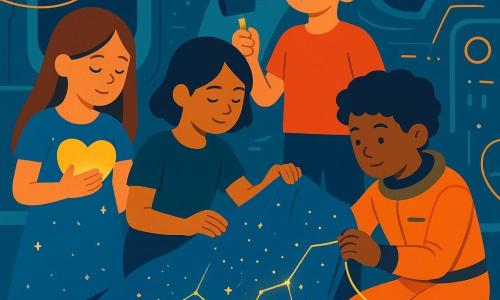 Quatre enfants se trouvent dans une salle des machines futuriste à l'intérieur d'un vaisseau spatial. Lila, 10 ans, a de longs cheveux bruns et porte une robe bleue étoilée. Mateo, 11 ans, a des cheveux bouclés noirs et porte une combinaison spatiale orange. Noor, 10 ans, a des cheveux noirs courts et utilise une canne argentée. Jules, 9 ans, a des cheveux blonds en bataille. Ils travaillent ensemble pour recoudre une Voile d'Étoiles déchirée, utilisant des fils lumineux qui brillent comme des constellations. La coque du vaisseau vibre doucement, émettant une lueur dorée.