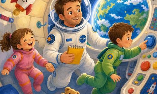 Tom, astronaute souriant et rassurant en combinaison blanche à écussons bleus et casque transparent reflétant la Terre, flotte en tenant un carnet jaune ; à sa gauche une fillette de six ans en combinaison rose à bandes orange rit en tenant la main d’un ami près du hublot, à sa droite un garçon de sept ans en combinaison verte touche un bouton rond bleu sur un tableau de bord arrondi ; l’intérieur du vaisseau est chaleureux et arrondi, murs crème, coussins moelleux, poignées en tissu, boutons colorés et jouets flottants, et par un grand hublot circulaire on voit une Terre bleue et verte avec nuages et halo lumineux — Tom et les enfants flottent main dans la main en vérifiant des boutons, atmosphère calme, couleurs pastel, coups de pinceau visibles et textures d’acrylique épaisses.