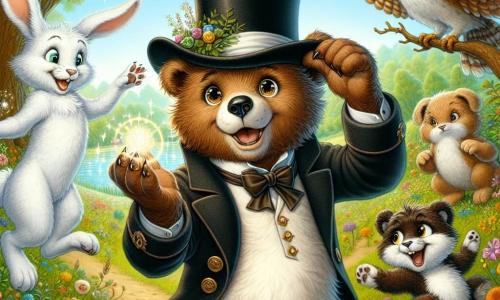 Au centre de l'image, Barnabé, un ours brun espiègle avec un chapeau haut-de-forme noir trop grand, sourit largement, les pattes levées. À sa gauche, Léon le lapin, avec ses grandes oreilles et son pelage blanc, saute de joie en tenant une boule scintillante. À droite, Fanny la fouine, rusée avec un pelage brun, rit aux éclats, les pattes sur les hanches. Maxime le hibou, sage et un peu grognon, est perché sur une branche, avec un léger sourire. La scène se déroule dans une clairière ensoleillée, entourée de fleurs colorées et d'un grand chêne, où Barnabé et ses amis s'amusent en pleine chasse au trésor, illustrant l'amitié et la joie de vivre.