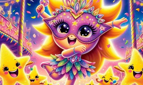 Étoilelette, une petite étoile lumineuse avec des yeux pétillants et un grand sourire, danse joyeusement sur un char coloré décoré de fleurs et de lumières scintillantes. Elle porte un masque magique et son corps irradie de lumière, créant une ambiance festive. À ses côtés, plusieurs étoiles amies applaudissent et dansent, ajoutant à l'atmosphère joyeuse. Le décor est un carnaval éclatant avec des chars colorés, des guirlandes lumineuses et des confettis tombant du ciel, sous un ciel crépusculaire rose et violet. La scène montre Étoilelette dansant avec enthousiasme, entourée de ses amies étoiles, tandis que des confettis multicolores tombent autour d'elles.