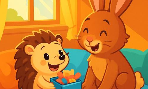 Toudoux, un petit hérisson aux piquants doux, est assis sur un lit moelleux avec un grand sourire. Ses yeux brillent d'excitation alors qu'il tient une boîte à biscuits remplie de petits papiers colorés. À côté de lui, Poilpompon, un grand lapin au pelage soyeux, regarde son fils avec tendresse. Ils sont dans une chambre chaleureuse, baignée de lumière dorée, entourés de jouets en bois et de coussins colorés. Toudoux offre sa surprise à son papa, créant une atmosphère de joie et d'amour.