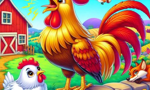 Un coq majestueux aux plumes dorées et rouges se tient sur un muret de la ferme, chantant pour alerter les autres animaux d'un danger imminent. À ses côtés, une poule blanche l'écoute, admirative. En arrière-plan, un renard rusé s'approche furtivement de la ferme. La scène se déroule dans une ferme colorée, avec des champs verdoyants et un ciel bleu clair. Le coq, courageux et protecteur, utilise sa voix pour avertir les animaux, illustrant l'importance de l'unité et de la bravoure.
