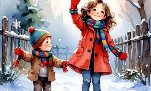Lucie, une fille de 11 ans aux cheveux auburn bouclés et aux yeux curieux, se tient dans un jardin enneigé, les bras levés et un sourire émerveillé. Elle porte un manteau rouge, des gants en laine et une écharpe colorée, tandis que des flocons de neige tombent autour d'elle. À ses côtés, Maxime, 12 ans, avec des cheveux bruns en bataille et des lunettes, admire la scène, vêtu d'une parka bleue et tenant un livre ouvert. Zoé, 11 ans, aux cheveux blonds tressés, est accroupie près d'un banc, dessinant des flocons avec un bâton. Le jardin est un paysage hivernal enchanteur, illuminé par la lune. Les amis sont émerveillés par la neige et attendent l'apparition du Flocon d'Argent, symbole de leur aventure.