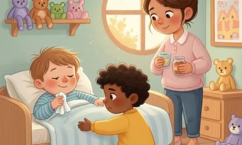 Trois personnages : Léo, 3 ans, visage rond, cheveux châtain clair en bataille, pyjama rayé bleu, allongé à gauche avec un mouchoir blanc et un sourire doux ; Timéo, 3 ans, cheveux bouclés noirs, pull jaune, assis à droite donnant un gros câlin rassurant ; la maman, cheveux bruns en chignon, blouse rose pâle, debout près du chevet avec une tasse d’eau et un pot de compote, regard bienveillant. Lieu : chambre d’enfant chaleureuse et lumineuse aux murs menthe pâle, tapis crème, étagères en bois clair et petite fenêtre laissant une lumière dorée du matin. Situation : scène tendre d’un enfant malade reposant pendant que son ami le console et que la maman apporte soin et douceur, expressions calmes et couleurs pastel.