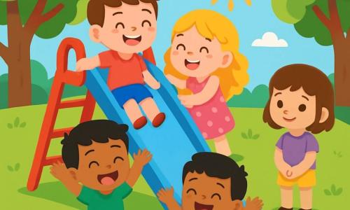 Quatre enfants jouent dans un parc ensoleillé. Lucas, 7 ans, glisse sur un toboggan rouge et bleu, souriant. Sofia, 6 ans, est prête à le suivre, riant. Amir, 7 ans, est en bas, levant les bras avec joie. Emma, 5 ans, les regarde, timide mais souriante. Le parc est verdoyant, avec des arbres dansants et des fleurs colorées, créant une ambiance joyeuse et amicale.