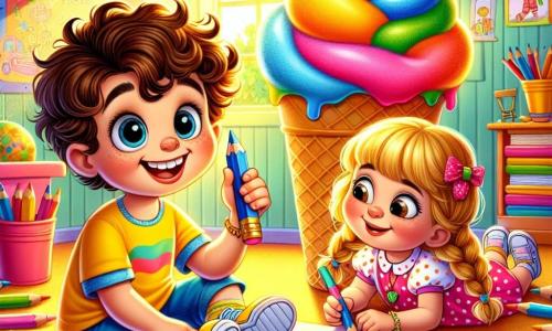 Thomas, un petit garçon de 4 ans aux cheveux bruns et bouclés, sourit joyeusement. Il porte un t-shirt jaune et un short bleu, assis sur un tapis de classe entouré de crayons de couleur. À ses côtés, Emma, une petite fille de 4 ans aux cheveux blonds et en nattes, dessine une grande glace colorée sur une feuille de papier, vêtue d'une robe rose à pois. La salle de classe est lumineuse, avec des murs décorés de dessins d’enfants et des posters sur les vacances d’été. La lumière du soleil illumine la pièce. Thomas et Emma dessinent ensemble, découvrant les merveilles de l'été à travers leur art.