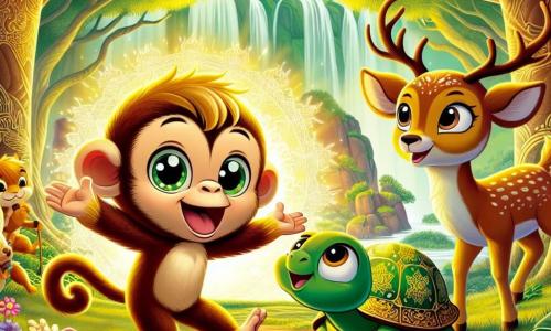 Miko, un jeune singe au pelage doré et aux yeux curieux, se tient au centre de la scène, souriant et levant les bras vers le ciel pour rassembler ses amis pour une aventure. À ses côtés, Lila, une tortue sage à la carapace verte ornée de motifs dorés, l'observe avec admiration, tandis que Rufus, un jeune cerf aux grandes oreilles, bondit joyeusement, prêt à le suivre. En arrière-plan, la forêt enchantée s'étend avec ses arbres majestueux, ses feuilles vertes éclatantes et ses fleurs colorées, créant une atmosphère magique. Cette scène représente le moment où Miko et ses amis se rassemblent pour découvrir une mystérieuse lueur dorée, symbolisant l'union et l'amitié dans un monde féerique.