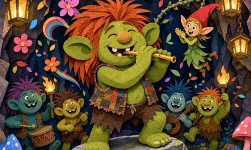 Un troll nommé Bob, joyeux et rêveur, peau vert mousse, grandes oreilles, nez rond, cheveux roussâtres, gilet à carreaux, sourit en jouant d'une petite flûte brillante sur un rocher pendant que des notes colorées flottent comme des bulles ; un petit lutin espiègle en robe verte et chapeau pointu rouge pend à une liane en applaudissant, tandis que trois ou quatre trolls ronds aux tons verts variés dansent en cercle avec torches et instruments dans une grotte accueillante aux murs de pierre, champignons lumineux rose et bleu, stalactites en papier découpé, tapis de mousse et lanternes dorées ; des fleurs multicolores, mini arcs-en-ciel et feuilles tourbillonnantes jaillissent au rythme de la musique, composition frontale en plan moyen, couleurs saturées, textures de papier visibles, ombres douces, ambiance festive, magique et chaleureuse.