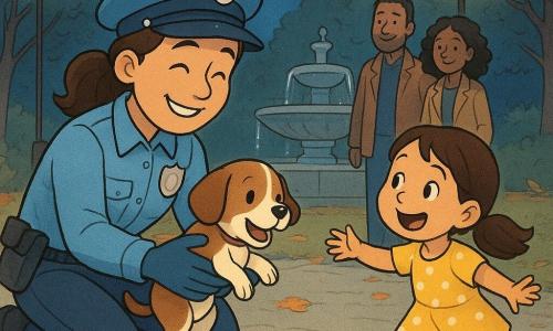 La policière Clara, bienveillante et sereine, sourit en tendant un petit chien brun et blanc nommé Max à sa petite propriétaire d'environ six ans aux cheveux en couettes et robe jaune à pois blancs; deux voisins souriants, un homme d'environ 40 ans et une femme d'environ 35 ans, observent près d'une grande fontaine en pierre dans un parc nocturne éclairé par des lampadaires jaunes, allée pavée et feuilles d'automne orangées au sol, ambiance calme et réconfortante, couleurs douces, style bande dessinée aux contours nets et textures légèrement aquarellées.