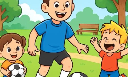 Un homme, Max, souriant et enthousiaste, dribble un ballon de football sur l'herbe verte du parc. Il porte un maillot bleu vif, des shorts noirs et des crampons brillants. À sa droite, Léo, un petit garçon de 8 ans aux cheveux blonds en bataille et portant un t-shirt rouge, saute de joie en admirant Max. À gauche, Emma, une petite fille de 7 ans avec des couettes brunes, tient un ballon de football et sourit. Le parc est ensoleillé, avec des arbres et des fleurs colorées. Des enfants jouent sur l'herbe, tandis qu'un banc en bois est visible en arrière-plan. Max encourage les enfants à jouer au football, créant une ambiance joyeuse.
