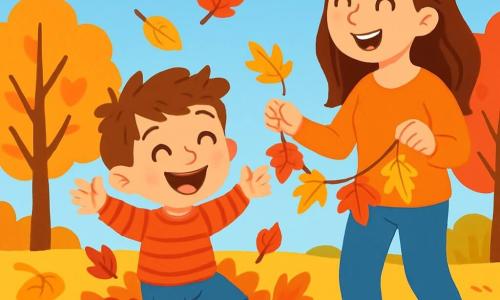 Un petit garçon de 4 ans, Léo, avec des cheveux bruns en bataille et des yeux pétillants de joie, saute dans une pile de feuilles d'automne. Il porte un pull rouge à rayures et un pantalon en jean, son sourire éclatant montre son émerveillement. Sa maman, une femme d'une trentaine d'années avec de longs cheveux châtains et un sourire chaleureux, se tient à côté de lui, riant tout en tenant une guirlande de feuilles colorées. Le décor est un parc d'automne, avec des arbres aux feuilles flamboyantes et un ciel bleu clair parsemé de nuages blancs. La scène montre Léo s'amusant dans les feuilles, tandis que sa maman l'encourage, créant une atmosphère joyeuse et chaleureuse.