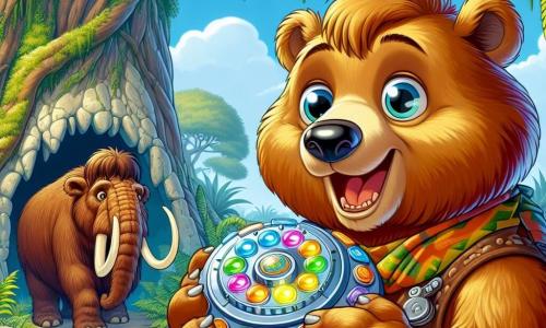 Un ours curieux nommé Léon, avec un pelage brun doré et des yeux pétillants, se tient au centre de la scène, émerveillé par un appareil brillant aux boutons multicolores. Il exprime surprise et enthousiasme, prêt à toucher cet objet magique. À proximité, un mammouth majestueux, avec une fourrure épaisse et de grandes défenses, observe Léon avec douceur. Le décor est une forêt préhistorique avec des arbres géants et un ciel bleu clair. Léon découvre l'appareil temporel, prêt pour une aventure incroyable, tandis que le mammouth, intrigué, ajoute une touche de magie à ce moment.