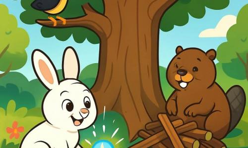 Un jeune lapin nommé Flocon, avec une fourrure blanche et des yeux curieux, se tient devant un vieux chêne majestueux, ses oreilles dressées et un sourire émerveillé. À ses côtés, Gribouille, le castor brun, construit un barrage en bois en admirant Flocon. Siffleur, le merle, chante joyeusement sur une branche, ses plumes scintillant au soleil. La scène se déroule dans une clairière baignée de lumière dorée, entourée d'arbres et de fleurs, avec un ruisseau serpentant à proximité. Flocon découvre une pierre magique cachée entre les racines du vieux chêne, illuminant son visage d'émerveillement et de promesses d'aventures.