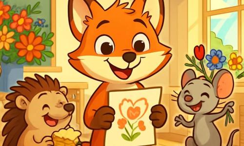 Filou, un jeune renard à la fourrure rousse et aux yeux dorés, sourit en tenant un poème fait main dans une salle de classe décorée de guirlandes colorées. À sa droite, Plume, une petite souris grise, saute de joie avec un bouquet de fleurs sauvages, tandis qu'à gauche, Léo, un hérisson brun, rit en tenant une part de gâteau. La scène se déroule dans une classe ensoleillée, où des rayons de lumière illuminent les décorations et les sourires. Filou, entouré de ses amis, célèbre la fête des mères en lisant son poème, créant une ambiance joyeuse et festive.