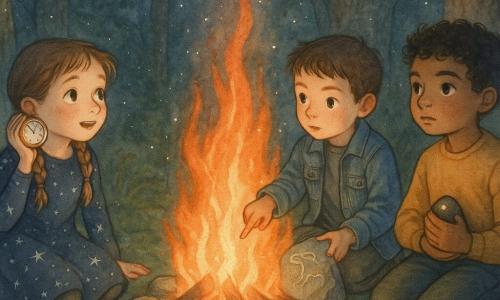 Trois enfants de neuf ans sont assis en cercle dans une clairière au crépuscule autour d'un grand feu : Lila, cheveux châtain clair en tresses, robe bleu nuit étoilée, tient une petite montre ronde contre l'oreille et regarde le feu émerveillée à gauche ; Tom, cheveux courts bruns en veste denim et pantalon kaki, au centre, montre un dessin gravé sur une pierre en tenant un morceau de charbon ; Sami, peau hâlée et cheveux bouclés noirs en pull moutarde, à droite, serre une pierre noire lisse et une perle brillante en observant le feu avec sérieux. Le sol est mousseux, des pierres peintes et des bols en bois sont posés près du feu dont les flammes orangées projettent une lumière chaude et des étincelles flottantes ; l'ambiance est intime, respectueuse et émerveillée, traitée en aquarelle aux rehauts blancs sur les étincelles et les contours.