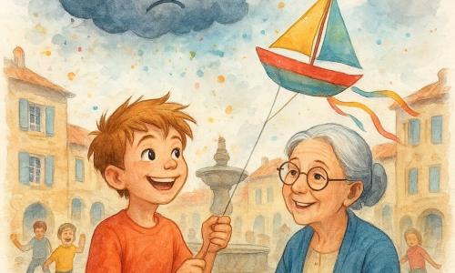 Théo, un garçon de 10 ans aux cheveux châtain clair ébouriffés et au sourire malicieux, tient un cerf-volant-bateau coloré avec excitation dans les yeux. Sa grand-mère, environ 70 ans, avec des lunettes rondes et un chignon gris, se tient à côté de lui, souriante, tenant la ficelle du cerf-volant. Ils sont sur la place du village, entourés de maisons en pierre aux volets colorés et d'une fontaine ancienne, avec des enfants rieurs autour. Le ciel est nuageux, avec Nuage N°7 flottant au-dessus. La scène montre Théo et sa grand-mère lançant le cerf-volant, entourés de rires et de joie.