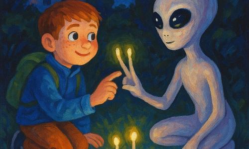 Noé, 10 ans, visage rond et taches de rousseur, accroupi en blouson bleu et sac à dos vert, tend la main vers Liri, extraterrestre à la peau gris nacré et trois doigts lumineux; ils se touchent au-dessus de petites lampes autocollantes formant une spirale lumineuse qui pulse doucement dans un jardin nocturne intime, éclairant leurs visages, rendu comme une peinture acrylique aux coups de pinceau visibles, textures épaisses et reflets nacrés, composition centrée sur leurs mains.