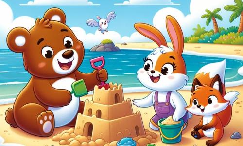 Un ours nommé Oliver, au pelage brun et aux yeux pétillants, construit un château de sable sur une plage ensoleillée, souriant avec une pelle colorée. À ses côtés, Lila la lapine, au pelage blanc, saute de joie avec un seau de sable, tandis que Max le renard, au pelage roux, les encourage depuis un rocher. La plage est entourée de palmiers, les vagues lèchent le rivage et le ciel est bleu avec quelques nuages. Des oiseaux volent en arrière-plan, ajoutant de la vie à cette scène estivale où Oliver et ses amis profitent de leur été en créant leur château de sable.