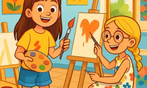 Il y a deux personnages principaux : Zoé, une fille de 10 ans avec de longs cheveux bruns, des yeux pétillants, un t-shirt jaune et un short en jean, souriante et tenant une palette de peinture et un pinceau ; et Léa, également âgée de 10 ans, avec des cheveux blonds en tresse, des lunettes rondes, une robe à fleurs colorées et des sandales, assise sur un tabouret en train de dessiner sur une toile. L'action se déroule dans une grande salle lumineuse d'un centre de loisirs, avec des murs bleus clairs, des fenêtres laissant entrer la lumière, des chevalets en bois et des pots de peinture colorés sur les tables. Zoé et Léa s'amusent à créer des tableaux, avec des éclaboussures de peinture sur leurs vêtements et des visages rayonnants de bonheur.