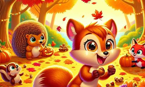 Un jeune écureuil nommé Léon, aux yeux pétillants et au pelage brun doré, se tient joyeusement dans une clairière ensoleillée, entouré de feuilles d'automne colorées. Il sourit en tenant une noisette, prêt à la partager avec ses amis. À ses côtés, Malo le hérisson observe une feuille tombante, tandis que Zoé la renarde s'approche avec une petite pomme rouge et un grand sourire. La clairière est décorée de guirlandes de feuilles et de lanternes en citrouille, baignée par la lumière dorée du soleil couchant. Léon et ses amis se rassemblent autour d'une grande table en bois remplie de délices d'automne, prêts à célébrer la fête des récoltes dans une atmosphère chaleureuse et festive.
