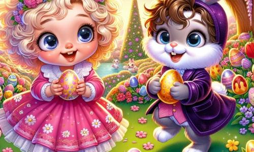 Une petite fille de 6 ans, Lila, aux grands yeux brillants et aux cheveux bouclés, sourit en ramassant des œufs colorés dans un jardin enchanté. Elle porte une robe rose à motifs de fleurs. À ses côtés, un lapin nommé Benjamin, en manteau de velours violet, saute joyeusement avec un œuf doré. Le jardin est rempli de fleurs éclatantes et d'arbres en sucre d'orge, tandis que des animaux joyeux ajoutent à l'ambiance festive. Lila et Benjamin célèbrent ensemble la joie de Pâques dans ce décor féerique.