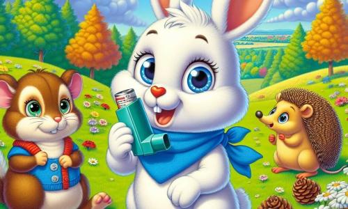 Un petit lapin blanc nommé Lundi, portant un foulard bleu vif, se tient au centre de l'image avec un sourire déterminé, tenant un inhalateur. À sa droite, Marguerite la souris, admirative, lui offre un verre d'eau. À gauche, Polo le hérisson, concentré, jongle avec des pommes de pin. Le décor est un champ verdoyant avec des marguerites et des coquelicots, sous un ciel bleu clair. La scène illustre Lundi surmontant une crise d'asthme, entouré de ses amis qui l'encouragent, mettant en avant la force de l'amitié face à la maladie.