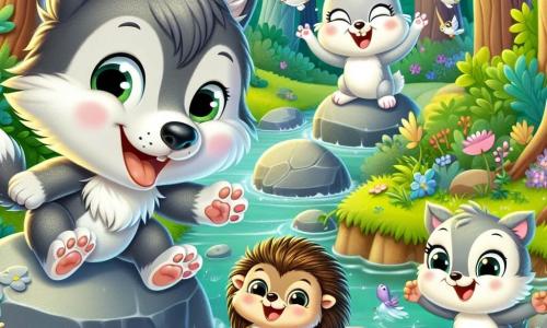 Petit Loup, un loup mignon au pelage gris et aux yeux malicieux, rit aux éclats en regardant son bateau en pierre flotter dans le ruisseau. À ses côtés, Grignote le lapin, aux grandes oreilles et au pelage blanc, saute de joie en montrant le bateau. Zigzag le hérisson, avec ses piquants dorés, est accroupi près du ruisseau, riant de voir le bateau dériver. Flocon le petit oiseau, aux plumes blanches, vole au-dessus d'eux en chantant. Ils se trouvent dans une belle forêt verdoyante, avec des arbres majestueux et un ruisseau scintillant. Les quatre amis s'amusent ensemble, créant une ambiance de camaraderie et de joie.