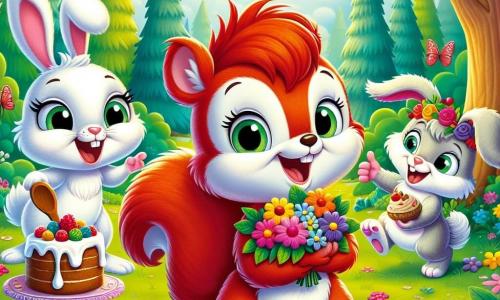 Timmy, un petit écureuil aux poils roux et aux yeux pétillants, se tient au centre de la scène, souriant avec un bouquet de fleurs colorées dans ses pattes, prêt à surprendre sa maman. À ses côtés, Lola, une lapine à la fourrure blanche, saute de bonheur avec une cuillère en bois, comme si elle avait préparé quelque chose de délicieux. Max, un petit hérisson, sourit en tenant un gâteau décoré de baies. La scène se déroule dans une forêt enchantée, avec des arbres majestueux, des fleurs multicolores et un ciel bleu clair. Timmy et ses amis préparent une surprise pour la fête des mères, entourés de rires et de joie, célébrant l'amour et l'amitié.