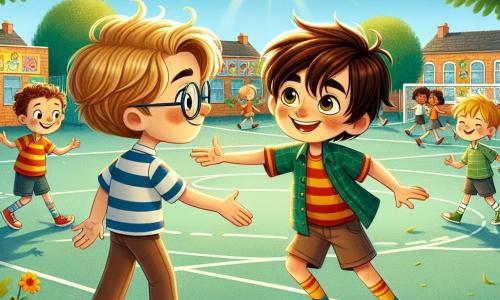 Dans une cour d'école ensoleillée, trois garçons sont au centre de l'image. Léo, neuf ans, avec des cheveux bruns en bataille et des lunettes rondes, sourit en tendant la main vers Tom. Max, également neuf ans, avec des cheveux blonds, jongle joyeusement avec un ballon de foot. Tom, aux cheveux châtains et aux yeux tristes, regarde Léo avec un sourire timide, se sentant enfin accepté. La cour est entourée de murs colorés et d'arbres verdoyants, avec d'autres enfants jouant en arrière-plan. Léo et Max encouragent Tom à les rejoindre pour jouer au foot, symbolisant l'amitié et le soutien face au harcèlement, tandis que le soleil brille, créant une ambiance chaleureuse.
