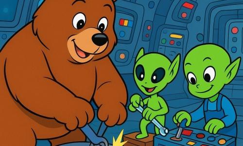 Un grand ours brun pelucheux aux yeux ronds, expression déterminée et joyeuse, retient ouverte une trappe métallique; deux petits extraterrestres verts à grands yeux noirs l'aident — l'un serre un boulon avec une clé lumineuse debout sur une caisse, l'autre, plus petit et portant un tablier d'outils, ajuste un levier sur un panneau de commande; intérieur d'une navette souterraine atelier aux murs métalliques arrondis, écrans et boutons clignotants, câbles et lampes diffusant une lumière bleue; ambiance chaleureuse et aventureuse, trappe à moitié ouverte avec légères étincelles.