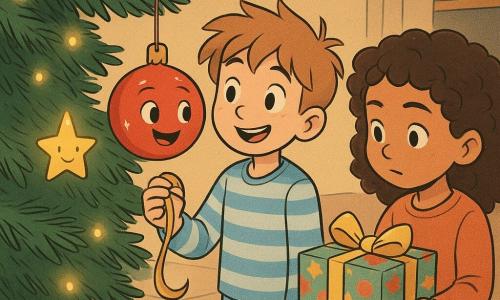 Une boule de Noël rouge et brillante, appelée Bulle, est suspendue à une branche de sapin et scintille joyeusement. À côté, une petite étoile dorée vibre doucement. Léon, un jeune garçon aux cheveux ébouriffés, se tient près du sapin en pyjama rayé, souriant émerveillé, avec un ruban doré en main. Inès, une fillette aux cheveux bouclés et concentrée, est à côté de Léon avec un paquet cadeau coloré. La scène se passe dans un salon chaleureux décoré pour Noël, avec un grand sapin illuminé et des bougies sur une table basse. L'instant montre un moment de partage et de découverte, où la magie de Noël brille dans les yeux des enfants et la douce lumière des décorations.