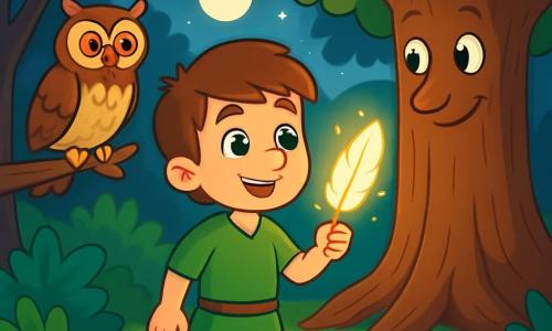 Léo, un jeune homme souriant aux cheveux châtains, se tient au centre d'une forêt enchantée. Ses yeux brillent d'émerveillement et de détermination. Il porte une tunique verte et un pantalon beige, tenant une plume lumineuse. À ses côtés, un hibou aux yeux de cuivre l'observe. Un grand chêne majestueux semble écouter Léo. La lumière de la lune filtre à travers les feuilles, créant un jeu d'ombres. Léo se prépare à offrir la plume au chêne pour briser la malédiction de la forêt, tandis que des fleurs colorées s'épanouissent autour de lui.