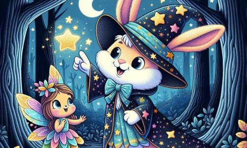 Léo, un lapin au pelage doux et aux grandes oreilles, porte un costume de sorcier avec une cape étoilée et un chapeau pointu. Sourire déterminé, il lève une patte pour faire briller des étoiles autour de lui. À ses côtés, une petite fée aux ailes colorées, vêtue de pétales de fleurs, l'admire depuis une branche d'arbre, prête à l'aider. En arrière-plan, une forêt sombre et mystérieuse avec des arbres tordus et des feuilles scintillantes sous la lune crée une atmosphère magique. La scène montre Léo utilisant sa magie pour illuminer la nuit d'Halloween, entouré d'étoiles, tandis que la fée l'encourage, symbolisant l'amitié et le courage face à l'inconnu.