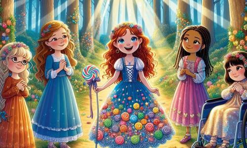 Dans une forêt enchantée, quatre amies se tiennent au centre de la scène. Mia, 10 ans, cheveux bouclés et roux, porte une robe colorée à motifs de bonbons. À sa gauche, Léa, 9 ans, cheveux blonds et lunettes rondes, regarde le ciel, vêtue d'une tunique bleue. À droite, Zoé, 10 ans, cheveux châtains, brandit une boîte de bonbons, sa robe scintillante reflétant la lumière. Émilie, 10 ans, cheveux bruns en tresse, est assise dans son fauteuil roulant décoré de fleurs, souriante. La forêt est peuplée d'arbres aux troncs colorés, de feuilles en forme de cœurs et de champignons lumineux. Des rayons de soleil créent une atmosphère magique. Les amies viennent de rencontrer un grand troll à la barbe en bataille, qui leur propose un jeu de devinettes pour trouver un artefact magique. L'excitation et l'amitié se lisent sur leurs visages alors qu'elles se préparent à relever le défi.